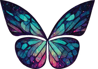 Magical glowing neon and fluorescent butterfly in top view . Butterfly on a white background