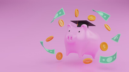 3D render of realistic pink piggy bank pig sideways with surround gold coins with empty space for the text. Concept of financial savings and banking economy.