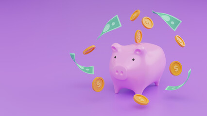3D render of realistic pink piggy bank pig sideways with falling gold coins with empty space for the text. Concept of financial savings and banking economy.
