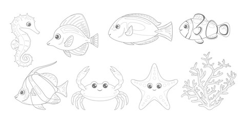 Coloring page outline of coral reef fish. Set of crab, starfish, bannerfish, blue tang, zebrasoma, clownfish, seahorse and corals. Outlined vector cartoon illustration of ocean life. Coloring book - obrazy, fototapety, plakaty