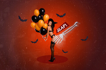 Creative abstract template collage of sexy figure hot witch woman hat underwear hold balloons...