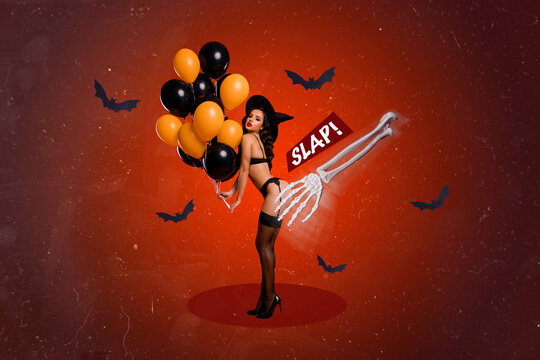 Creative abstract template collage of sexy figure hot witch woman hat underwear hold balloons shopping promo skeleton hand slap booty