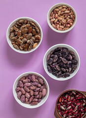 Many bowls with different heirloom beans on a purple background. Scarlet runners bean, pinto beans, kidney beans. Top view.