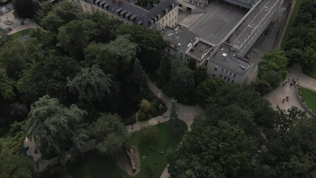 Thabor gardens at Rennes in France. Aerial top-down forward