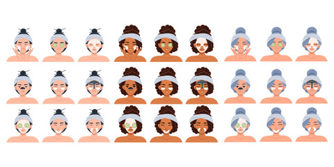 A large vector set of diverse female faces. The concept of skin care