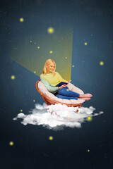 Vertical collage portrait of positive cheerful lady sit comfy chair read book isolated on painted night sky background