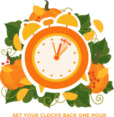 Fall back time concept banner. Clock on the fall background with pumpkins and autumn leaves. Daylight saving time ends reminder