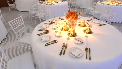 Luxury Table setting. Table settings wait for guests at home or restaurant, artificial potted plant for decoration. 3d rendering.