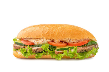 Sandwich bun with meat, tomato, cucumber, lettuce isolated on white background