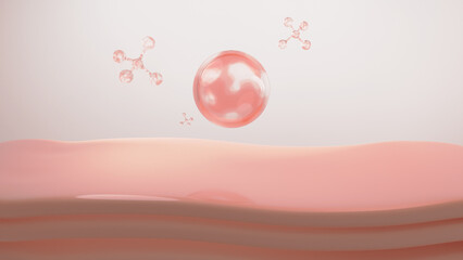 Pink serum with atom drop on skin. collagen or Skin care and cosmetic product concept. 3D rendering.