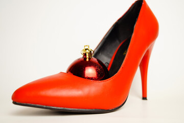 High-heeled shoes. Selective focus. Christmas mood. New Year. White background.