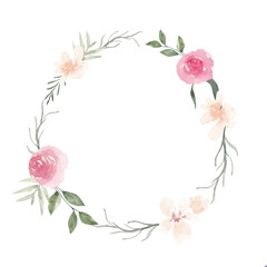 Vintage aesthetic wildflower wreath in pastel pink beige color. Botanical floral frame isolated on white background. Rustic meadow template for wedding invitation, birthday card, nursery, packaging