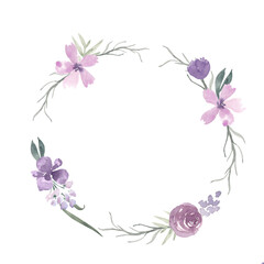 Obraz na płótnie Canvas Vintage aesthetic wildflower wreath in purple pastel color. Botanical floral frame isolated on white background. Rustic meadow template for wedding invitation, birthday card, nursery, packaging