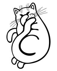 Cat covering muzzle with paws and tail. Vector doodle isolated illustration. Black and white.