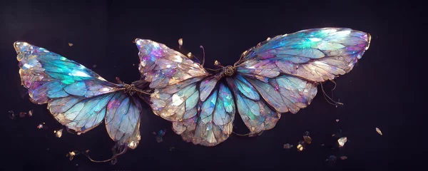 Foto op Plexiglas large stunningly beautiful fairy wings Fantasy crystal glass glitter butterfly sits on a light blue stone. The insect casts a shadow on nature.The insect has many geometric angles.3d render © Nokhoog