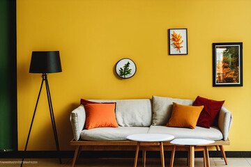 Contemporary living room in fall colors, digital art