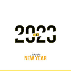 Happy New Year Yellow number sign 2023. Merry Christmas Background realistic 3d festive open gifts box. Xmas sale present. Holiday decorative purple boxes, Holiday gift surprise. Vector illustration
