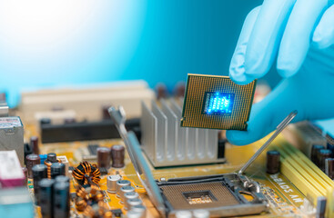 Electronic engineer hand putting computer chip on socket. Chipset on electronic circuit board of PC...