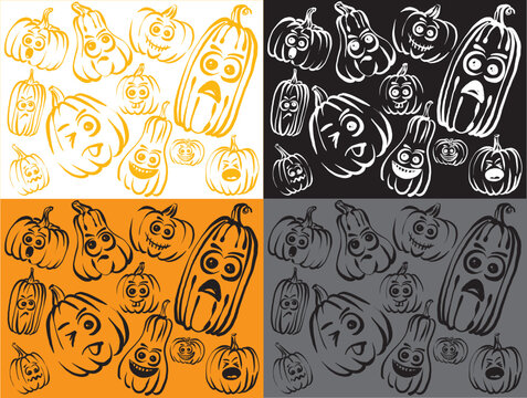 set doodle funny pumpkins halloween concept drawing vector illustration