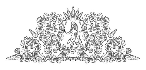 PNG transparent vintage vignettes with floral swirls, mermaid and seashells, antique nautical decorative element as black outline isolated - 534236154