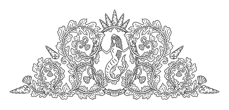 PNG transparent vintage vignettes with floral swirls, mermaid and seashells, antique nautical decorative element as black outline isolated