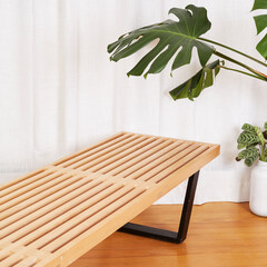 Gorgeous product photo of a Platform Bench with houseplants on wood floor before luxurious white...