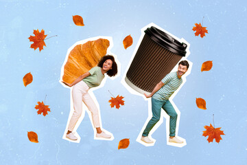 3d retro abstract creative artwork template collage of funky man woman carry croissant coffee paper...