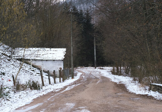 Cold winter day in old traditional village on Grza river in Serbia