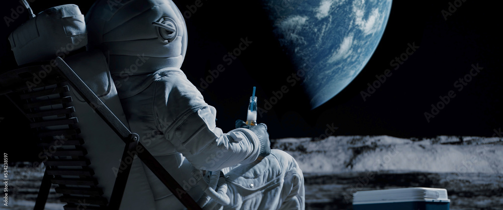 Wall mural back view of lunar astronaut having a beer while resting in a beach chair on moon surface, saluting 