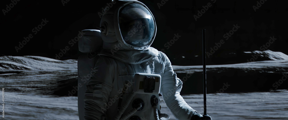 Canvas Prints portrait of asian lunar astronaut opens his visor while exploring moon surface