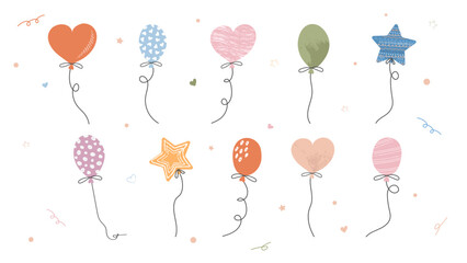 A set of cute hand-drawn doodle balloons for children's illustrations. Vector illustration