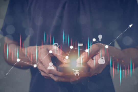 Business and networking on modern virtual interface from digital tablet, man touch tablet and graph. Screen icon of the media screen.business concepts.
