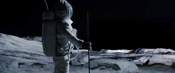 Portrait of Asian lunar astronaut opens his visor while exploring Moon surface © supamotion