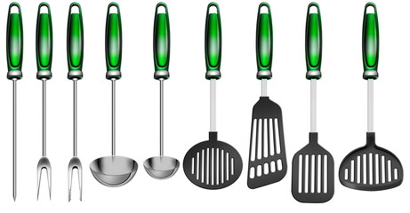 Fototapeta Collection of nine kitchen utensils made of stainless steel and green and black plastic, isolated on transparent background. Digitally generated image, png. obraz