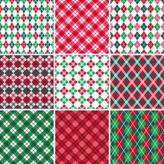 Checkered holiday seamless pattern. A set of traditional ornaments. Texture for fabric, wrapping, wallpaper, background