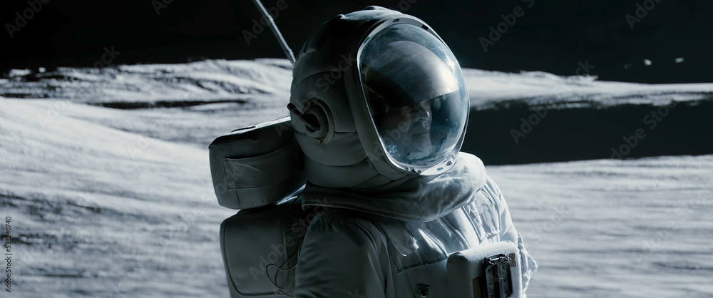 Wall mural portrait of asian lunar astronaut opens his visor while exploring moon surface