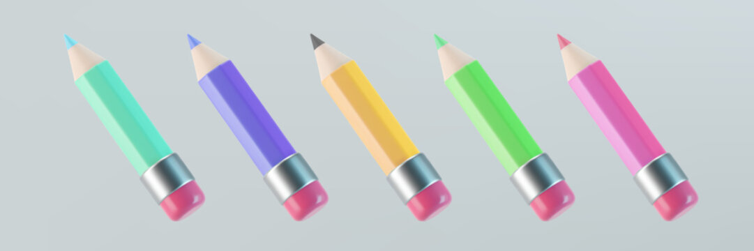 Set of 3d colored pencil icons with pink eraser isolated on gray background. Render pencil for education, writing or drawing concept. 3d cartoon simple vector illustration
