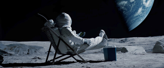 Astronaut sits in a beach chair on a Moon surface, holding phone in hands - obrazy, fototapety, plakaty