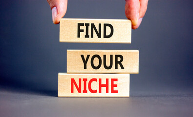 Find your niche symbol. Concept words Find your niche on wooden blocks. Businessman hand. Beautiful...