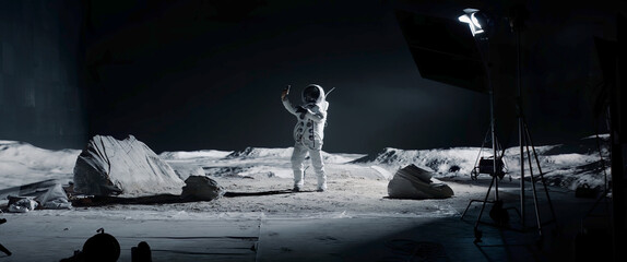 WIDE Male actor in astronaut suit making selfie on a Moon Lunar movie shooting set © supamotion