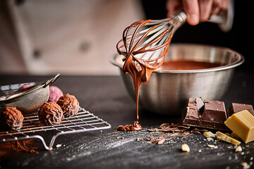 Baker or chocolatier preparing chocolate candies whipping the melted chocolate with a whiskey that...