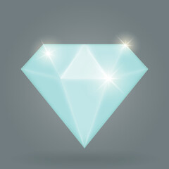 Diamond isolated on gray background. Single beautiful jewel or brilliant. Glossy glass stone. Cartoon gem for game icon or jewelry store logo. Vector illustration