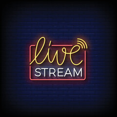 Fototapeta na wymiar Neon Sign live stream with Brick Wall Background vector