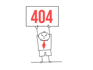 Drawn man with red tie holding 404 error message.