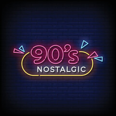 Neon Sign 90's nostalgic with Brick Wall Background vector
