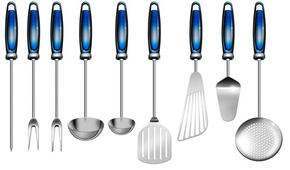 Fototapeta Collection of nine kitchen utensils (stainless steel and blue plastic handle) isolated on transparent background. Digitally generated image, png. obraz
