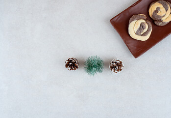 A dark plate of two delicious cookies with pinecones and Christmas tree
