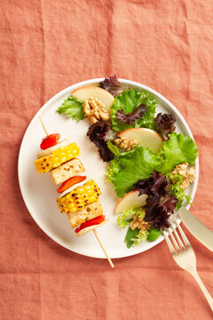 Vegan plate with vegetable skewer with tofu served and salad