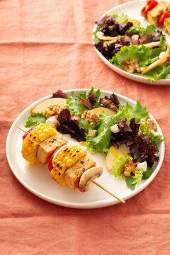 Vegan plate with vegetable skewer with tofu served and salad