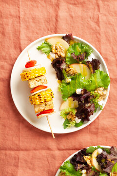 Vegan plate with vegetable skewer with tofu served and salad
